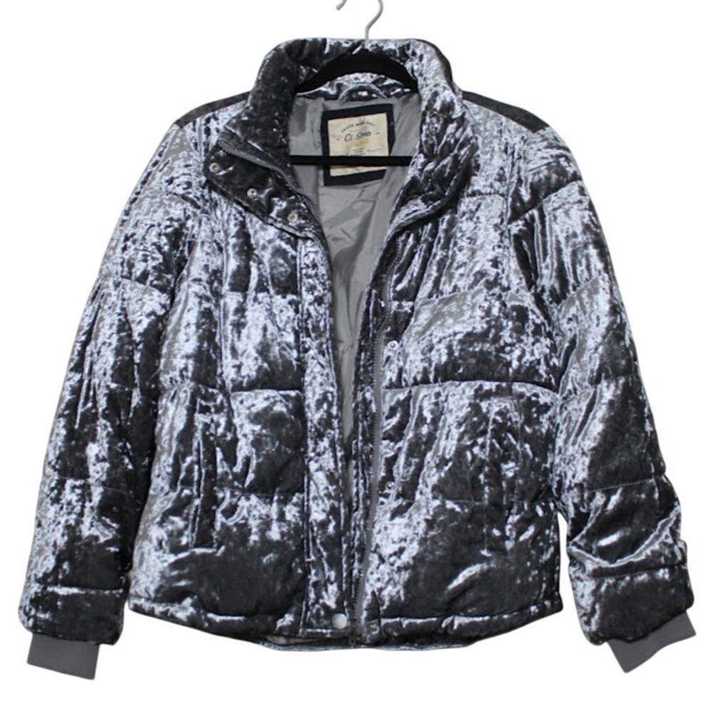 CI SONO | Metallic Silver Crushed Velvet Plush Quilted Zip Up Puffer Jacket M